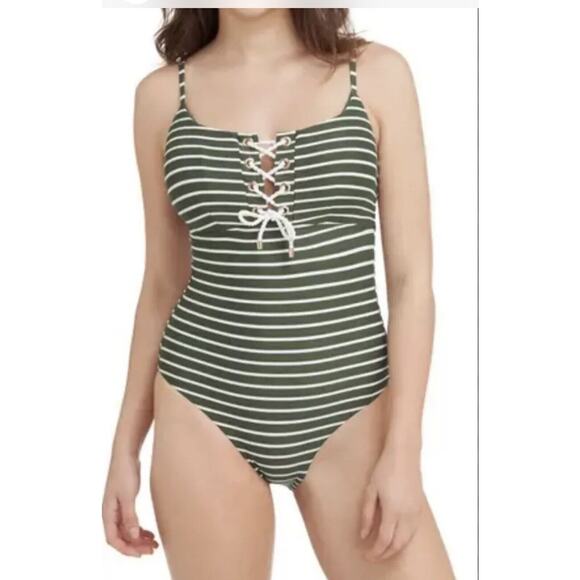 NWT Sea Level Swimsuit Size 12 Khaki White Striped Lace Up OnePiece Sleeveless‎ - Picture 1 of 7